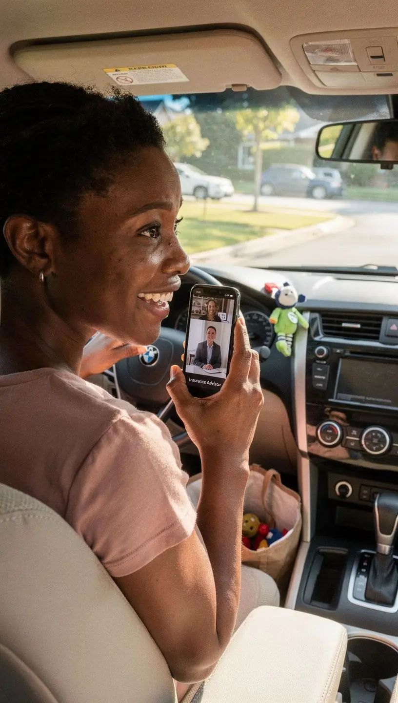 Zadowolony kierowca trzyma polisę ubezpieczeniową w ręku.